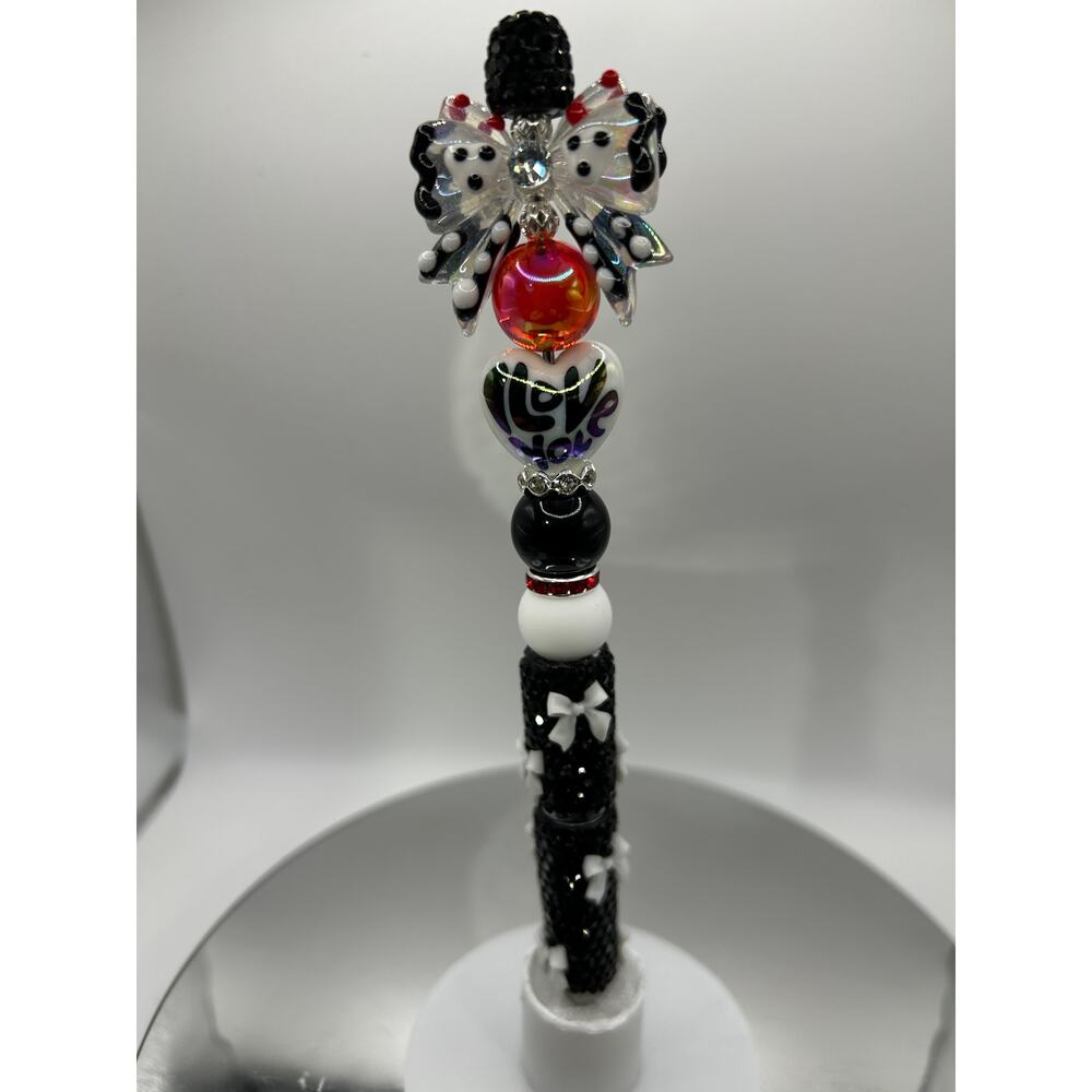 Valentine Beaded Pen, Black,Red, White Bows and Beads, Handmade